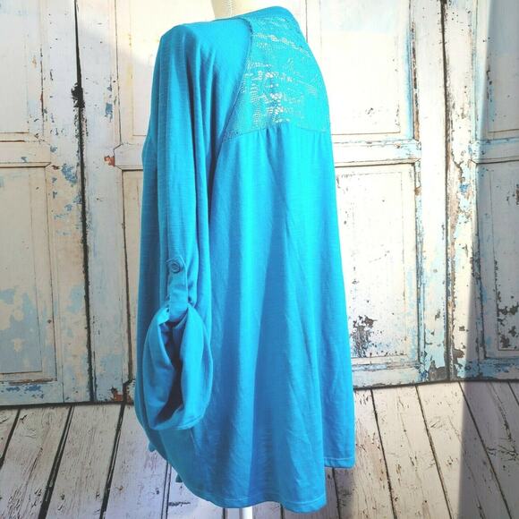 Allison Brittney Top Plus Size 3X Lace Back Teal Blue Button Tie Front Boho - Picture 10 of 12